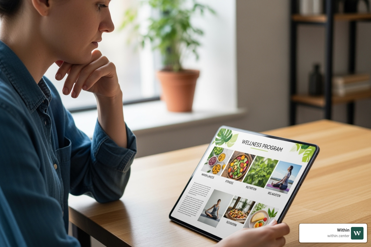 Person reflectively looking at a brochure or website for a wellness program - Residential wellness program Person reflectively looking at a brochure or website for a wellness program - Residential wellness program