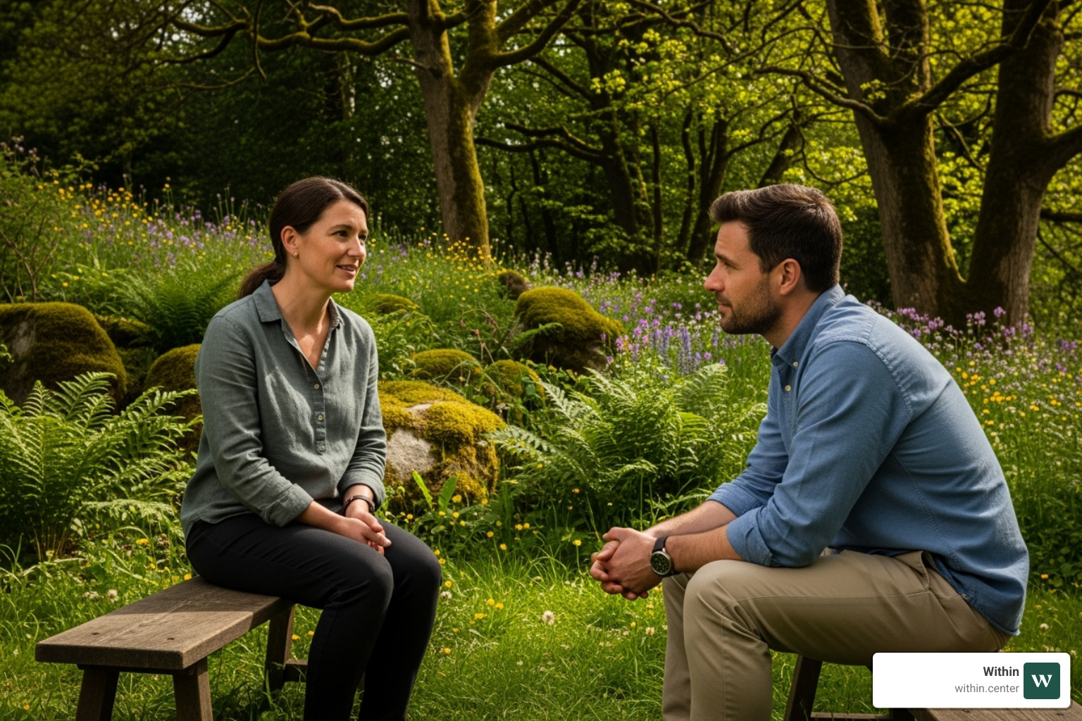 A therapist having a one-on-one conversation with a guest outdoors, surrounded by lush greenery - Mental health wellness retreat A therapist having a one-on-one conversation with a guest outdoors, surrounded by lush greenery - Mental health wellness retreat