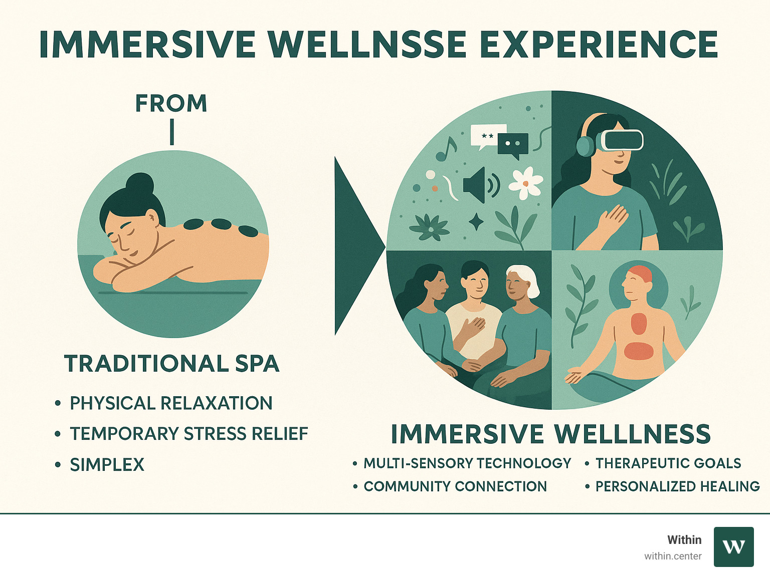 Comprehensive infographic showing the evolution from traditional spa treatments focused on physical relaxation and temporary stress relief to immersive wellness experiences that combine multi-sensory technology, therapeutic goals, community connection, and personalized healing approaches for lasting change - Immersive wellness experience infographic  Comprehensive infographic showing the evolution from traditional spa treatments focused on physical relaxation and temporary stress relief to immersive wellness experiences that combine multi-sensory technology, therapeutic goals, community connection, and personalized healing approaches for lasting change - Immersive wellness experience infographic