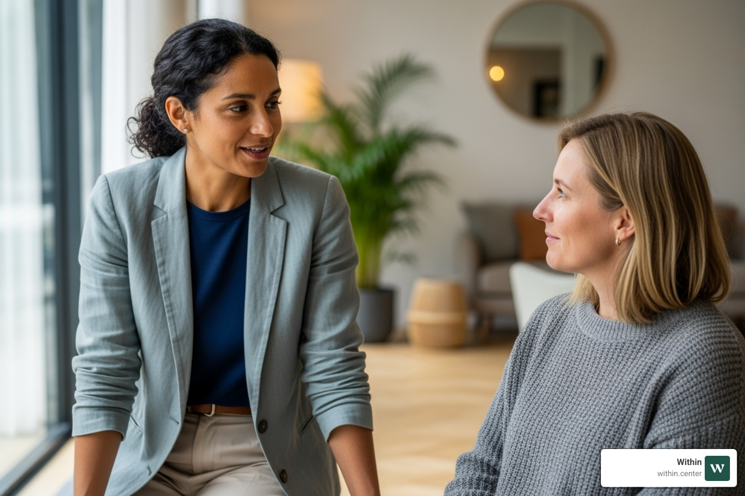 calm and professional facilitator speaking with a retreat participant - Deep healing retreat calm and professional facilitator speaking with a retreat participant - Deep healing retreat