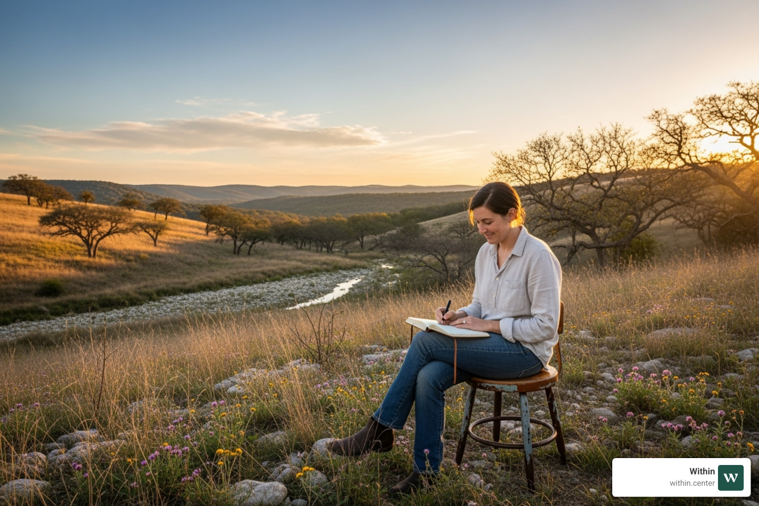 person journaling peacefully with a scenic Texas Hill Country backdrop - wellness retreat Austin person journaling peacefully with a scenic Texas Hill Country backdrop - wellness retreat Austin