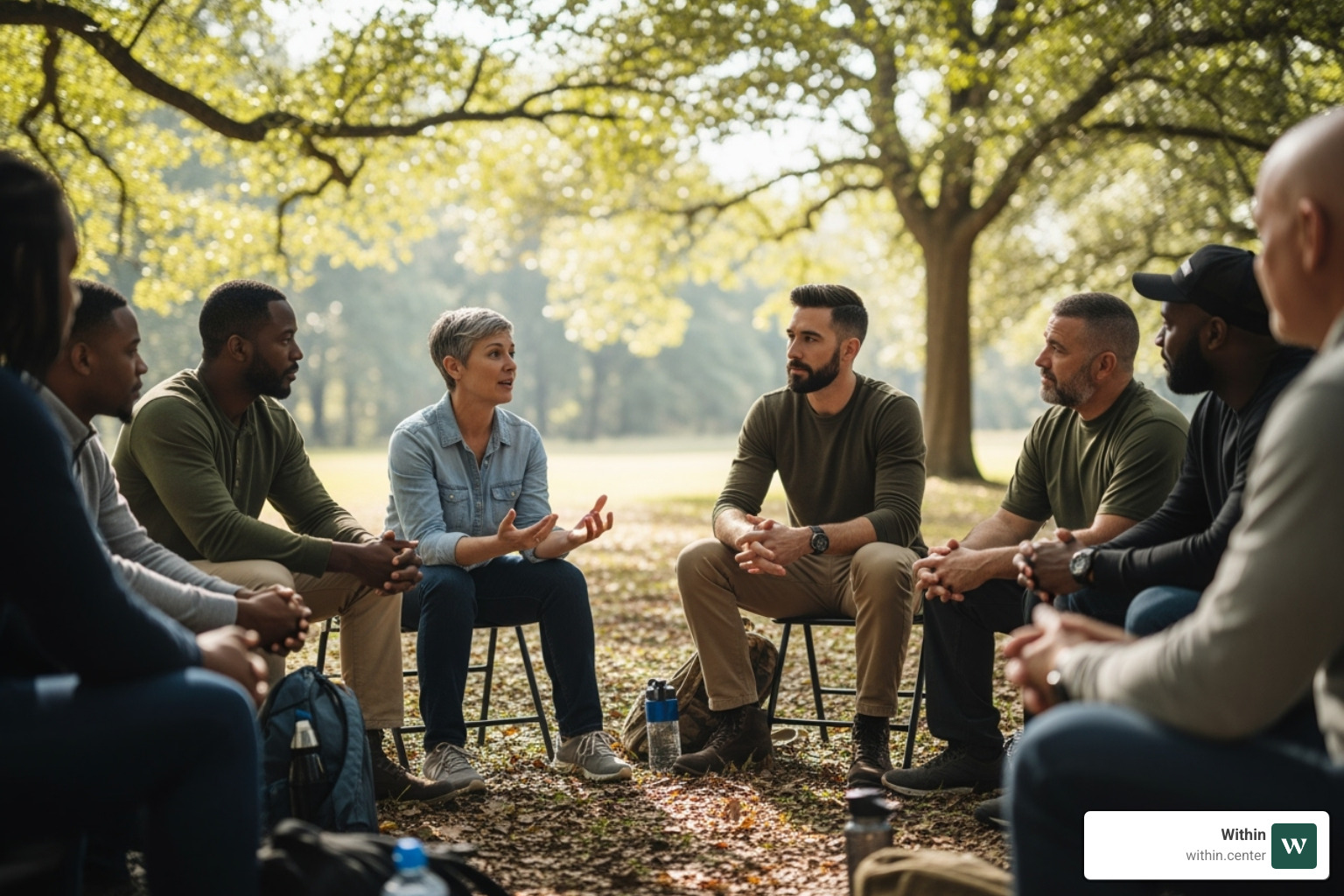 Veterans participating in a group therapy session outdoors - retreats for veterans with depression Veterans participating in a group therapy session outdoors - retreats for veterans with depression