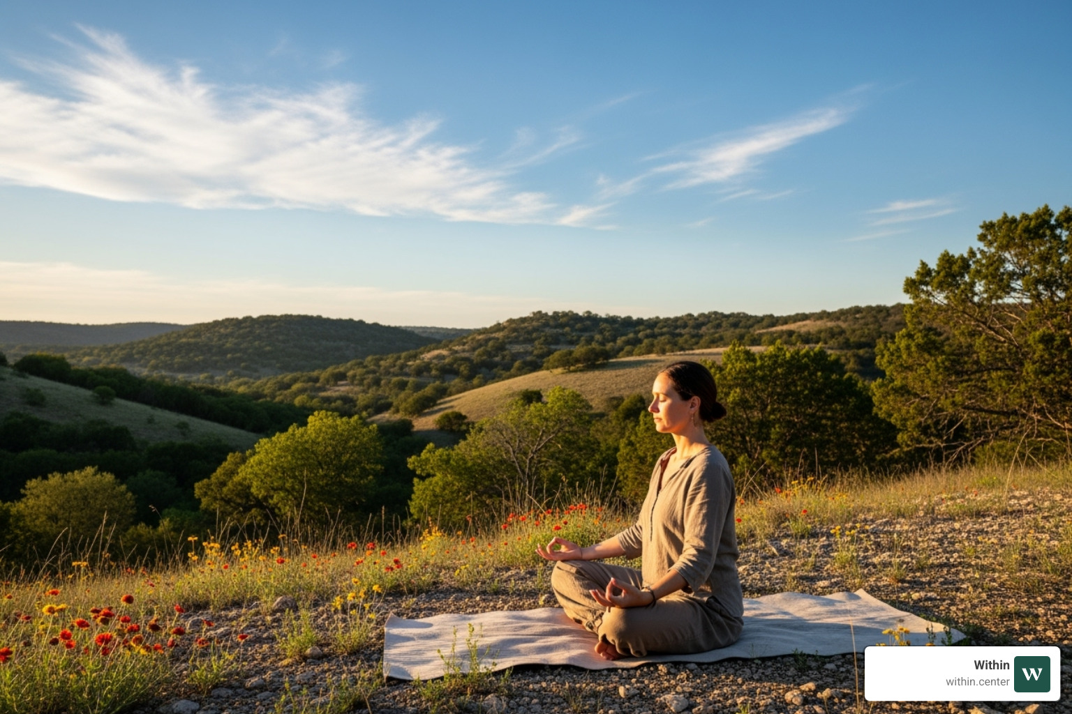 Person meditating peacefully outdoors in the Texas Hill Country - Austin mental wellness Person meditating peacefully outdoors in the Texas Hill Country - Austin mental wellness