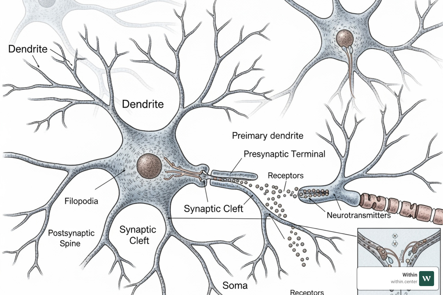 A diagram showing a neuron forming new connections (synaptogenesis) - Ketamine treatment program