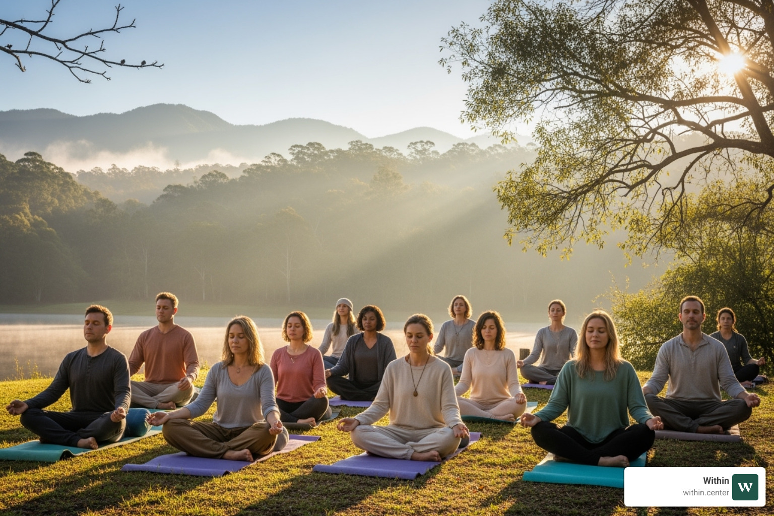 Diverse group of people meditating outdoors - affordable retreats for depression Diverse group of people meditating outdoors - affordable retreats for depression