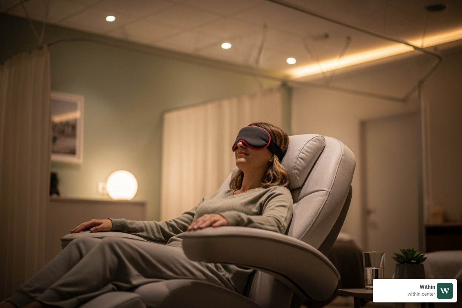patient relaxing in a comfortable treatment chair with an eye mask - ketamine wellness center patient relaxing in a comfortable treatment chair with an eye mask - ketamine wellness center